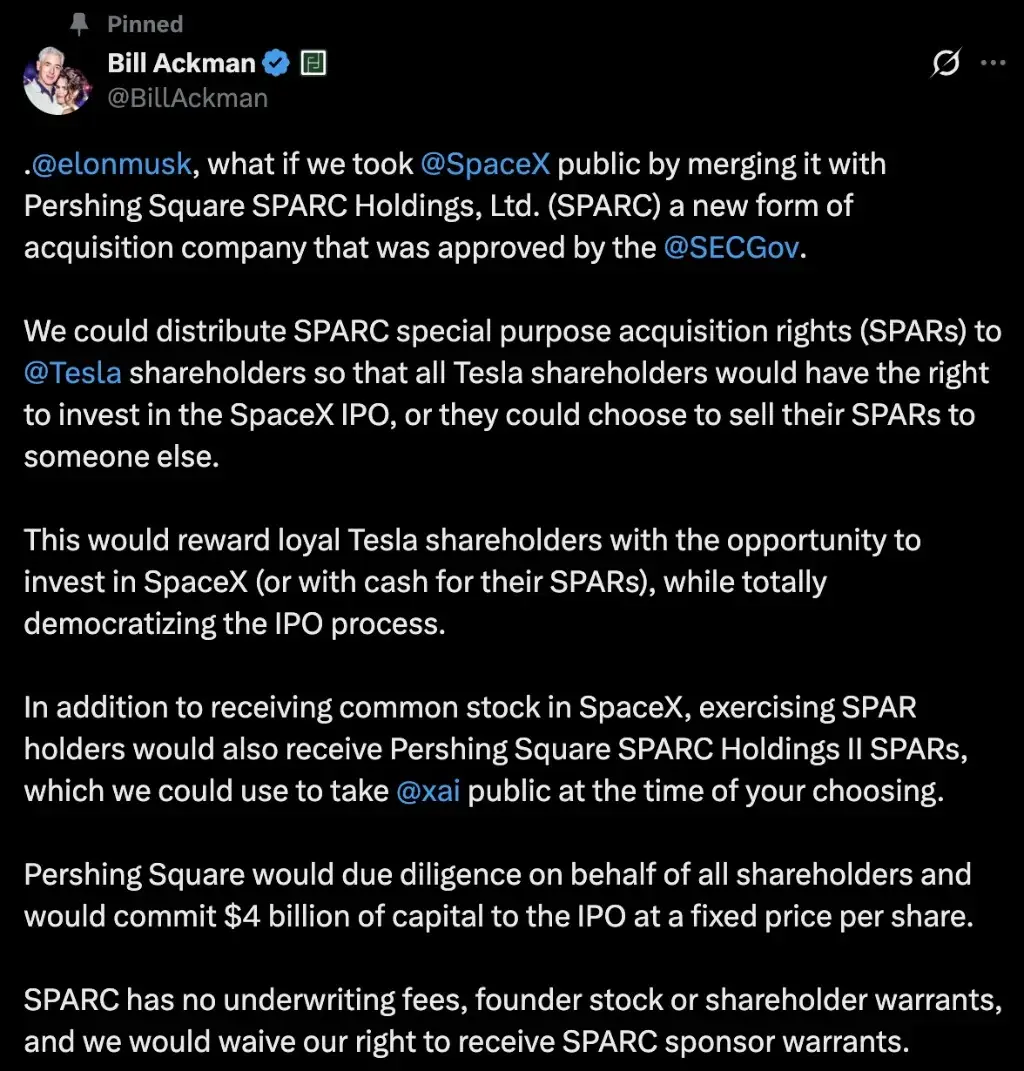 Ackman 抛出SpaceX 上市新方案：不走传统IPO，没有承销费，特斯拉股东可先上车- 美盈证券| 你的投资银行